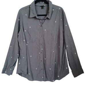 Torrid Shirt Daisy Embroidered Button Front Gray‎ Cotton Taylor Womens 2X